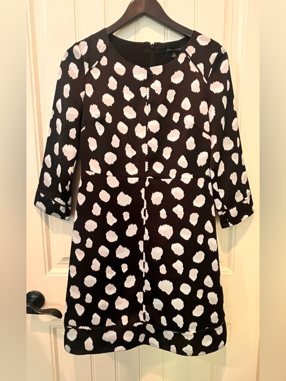 Banana Republic Black Dress Size 4 White Spot Zip Back Detailed Trim Chic Lined